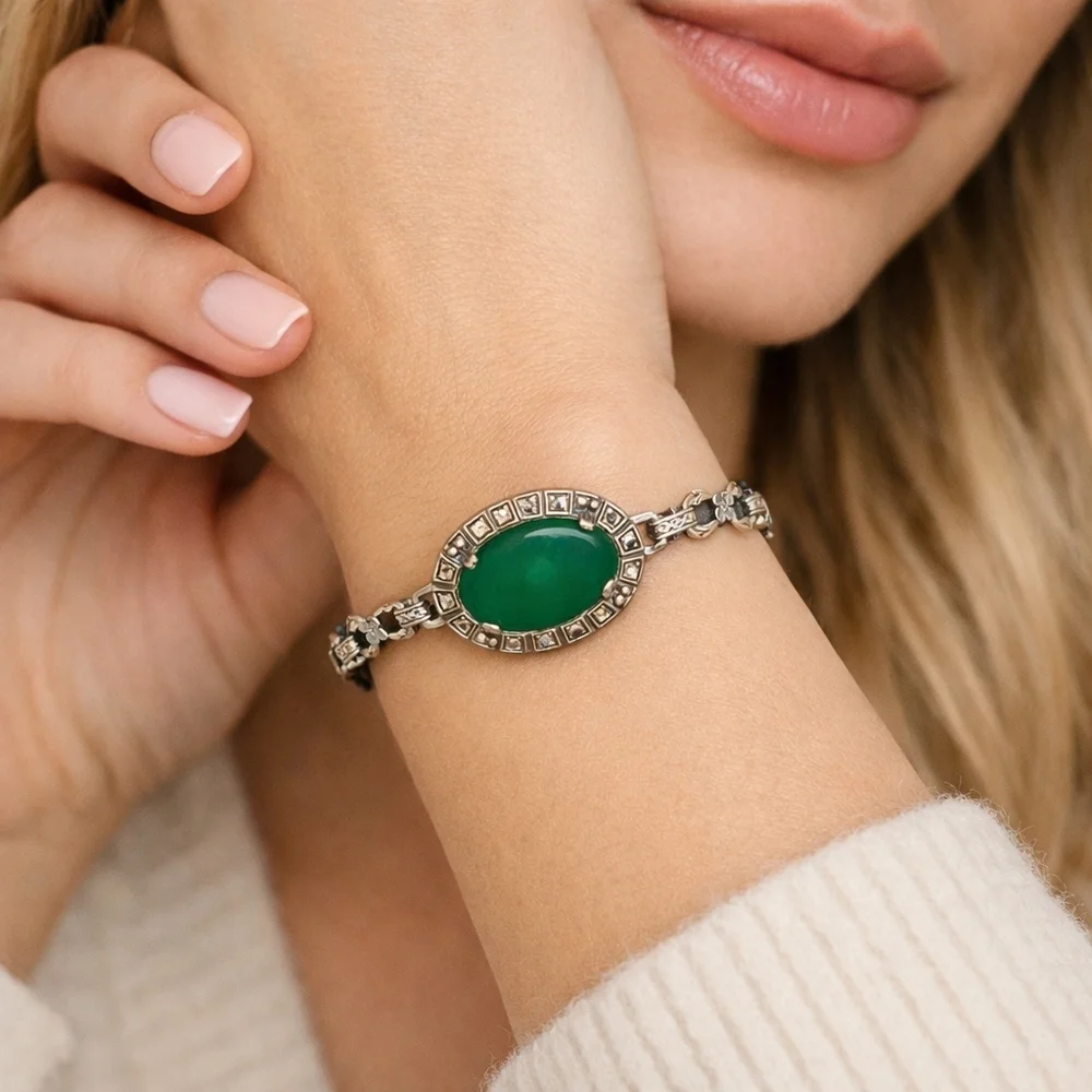 Vintage Art Deco Sterling Marcasite Green Chalcedony Bracelet Oval Cabochon - Picture 1 of 8